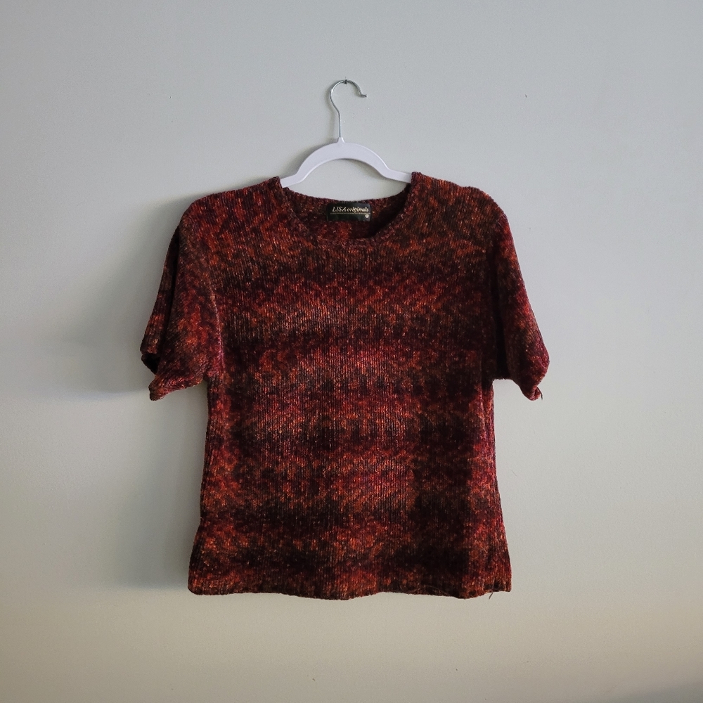 Vintage Red Knit Sweater Short Sleeve Top